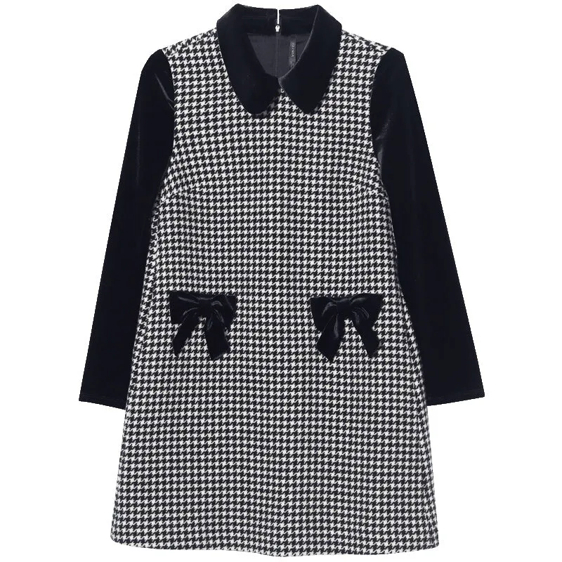 Woolen Houndstooth Bowknot Peter Pan Collar Mini Dress sold by Goelia product image thumbnail 4