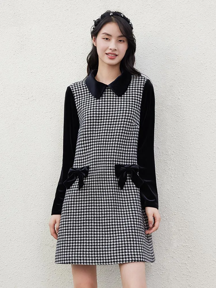 Woolen Houndstooth Bowknot Peter Pan Collar Mini Dress sold by Goelia product image thumbnail 2