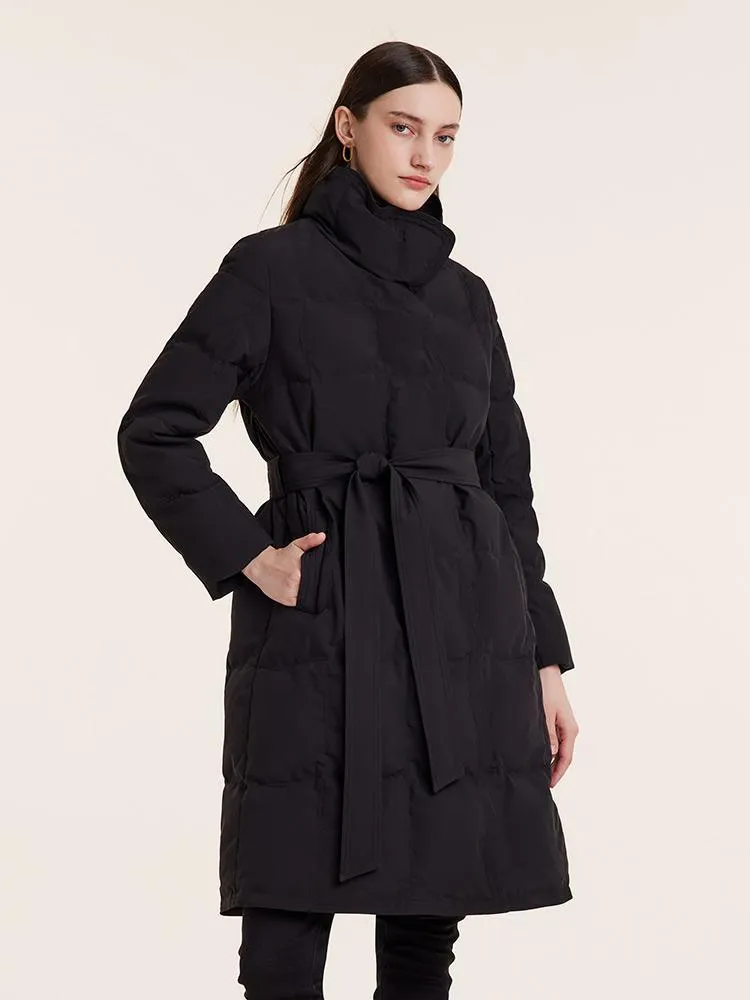 Black Stand Collar Long Goose Down Garment With Belt sold by Goelia
