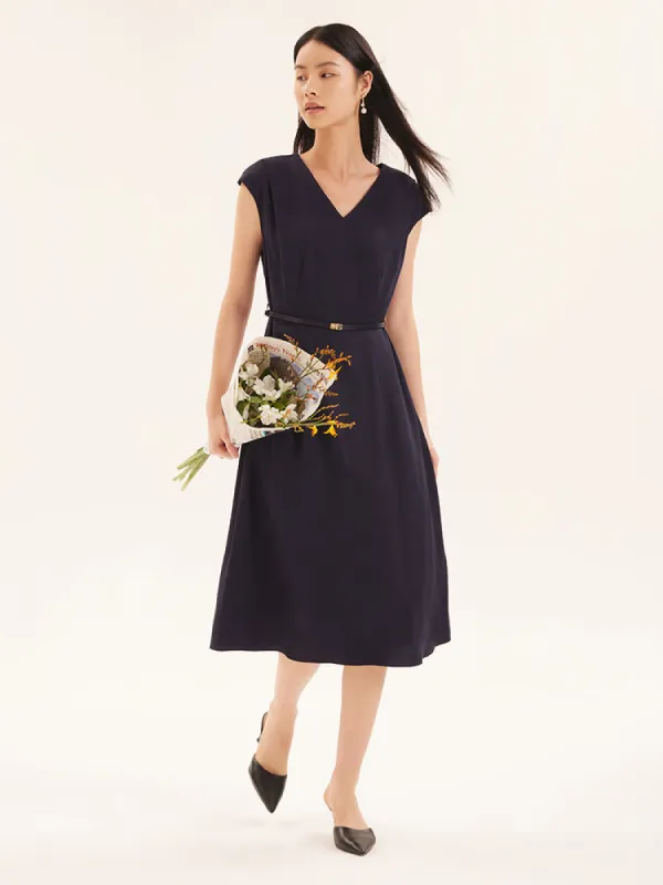 Navy V-Neck Tencel Midi Dress sold by Goelia