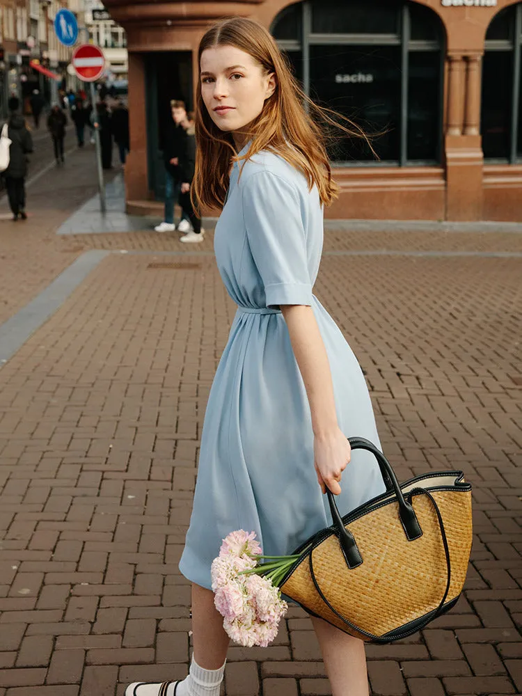 Blue V-neck Lapel Midi Dress With Belt sold by Goelia product image thumbnail 3