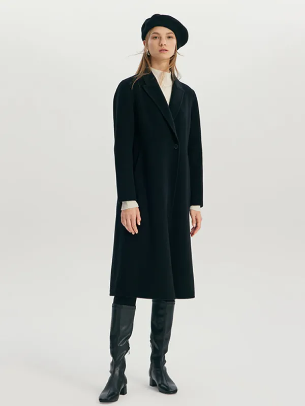 Black Wool And Mulberry Silk-Blend Lapel Collar Women Coat sold by Goelia