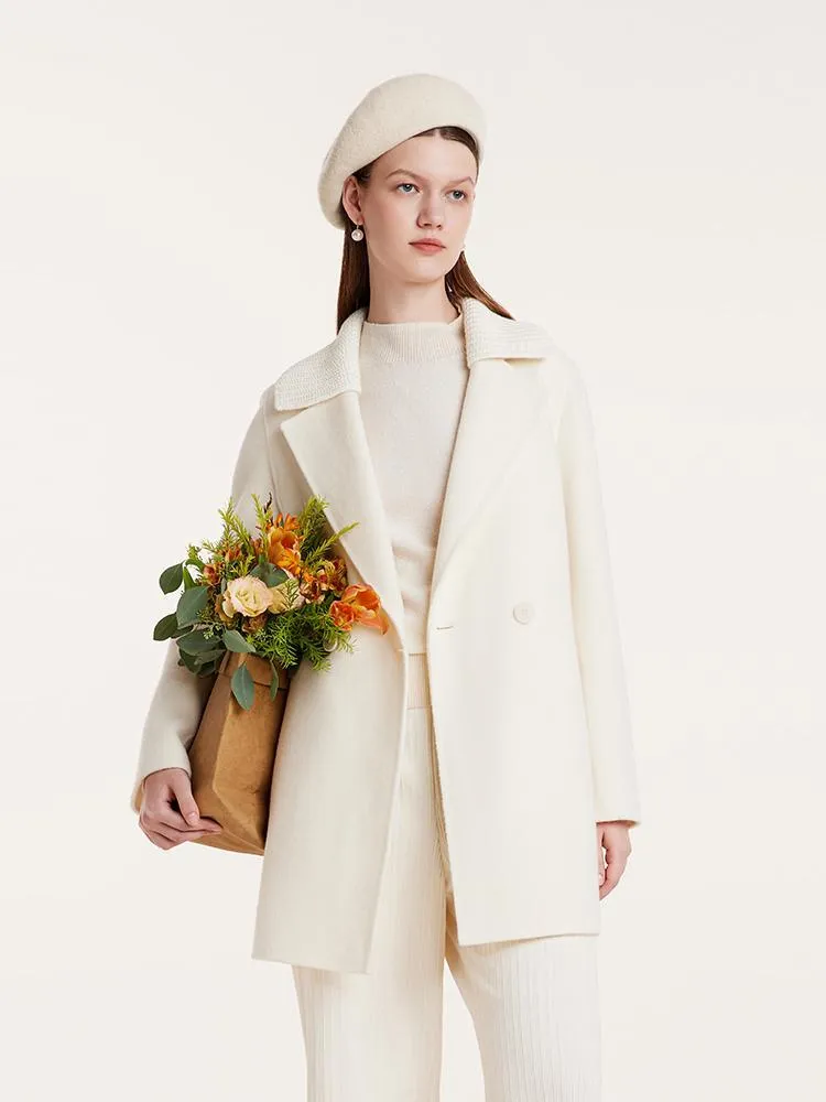 White Mid-Length Double-Faced Wool Women Coat With Detachable Collar sold by Goelia