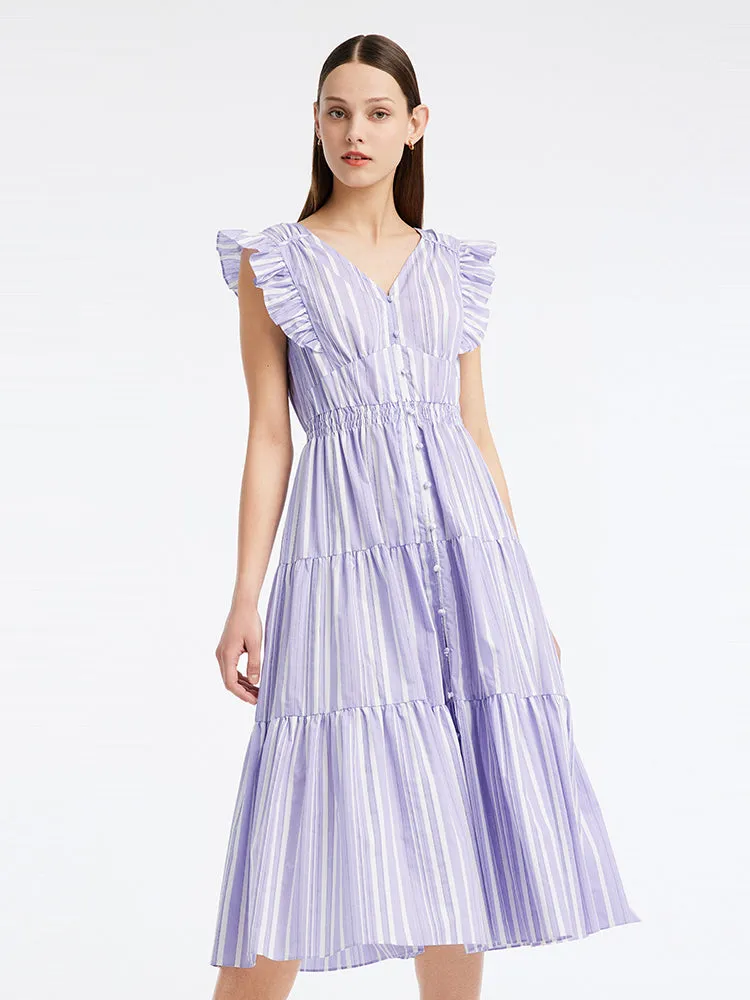 Stripe Pleated Fly Sleeve Midi Dress sold by Goelia