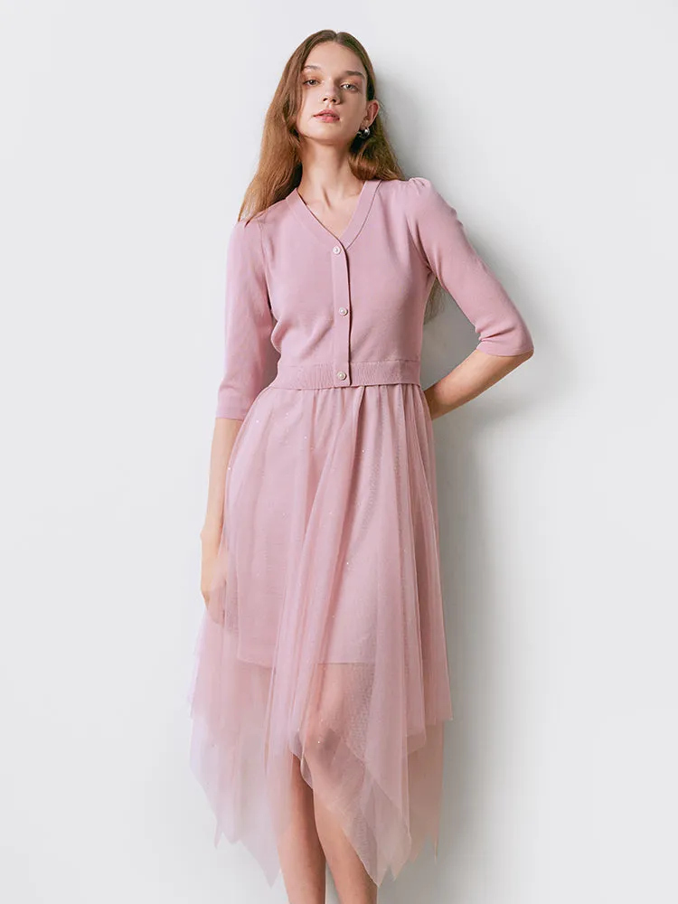 Pink V-Neck Slim Patchwork Maxi Dress sold by Goelia