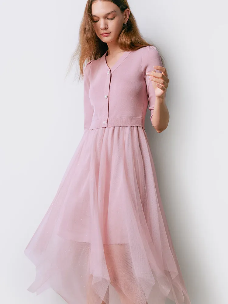 Pink V-Neck Slim Patchwork Maxi Dress sold by Goelia product image thumbnail 3
