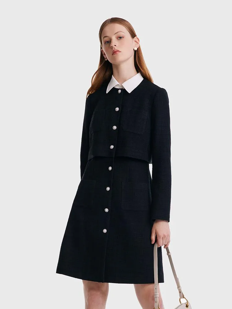 Tweed Fake Two Piece Mini Dress With Detachable Shirt Collar sold by Goelia