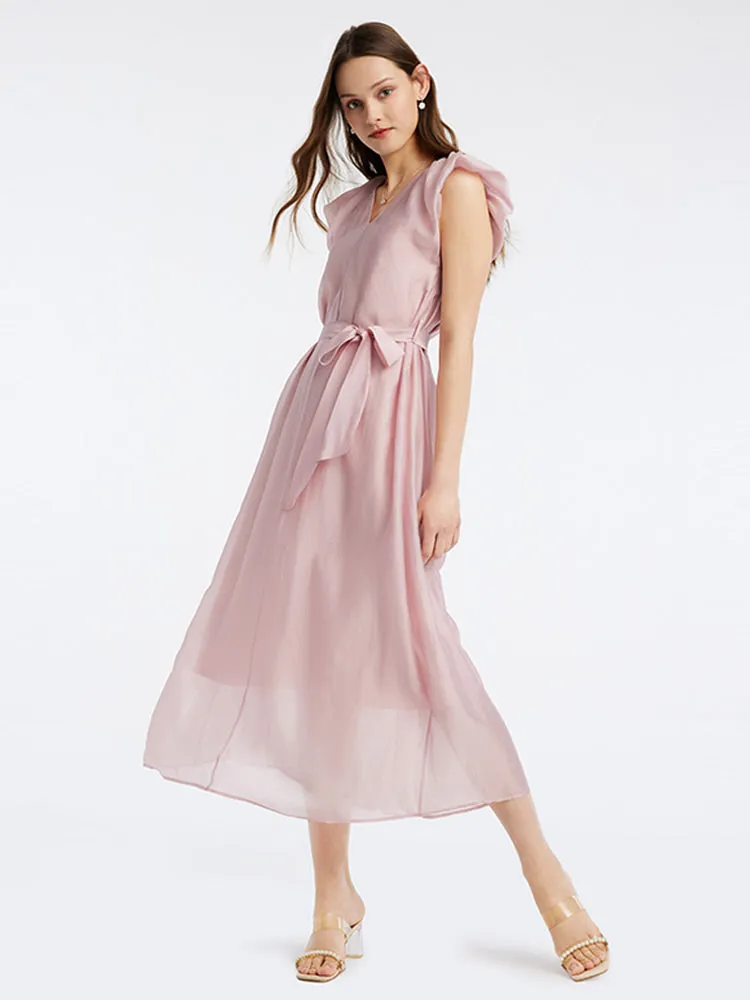 Pink V-Neck Ruffle Sleeve Maxi Dress sold by Goelia product image thumbnail 3