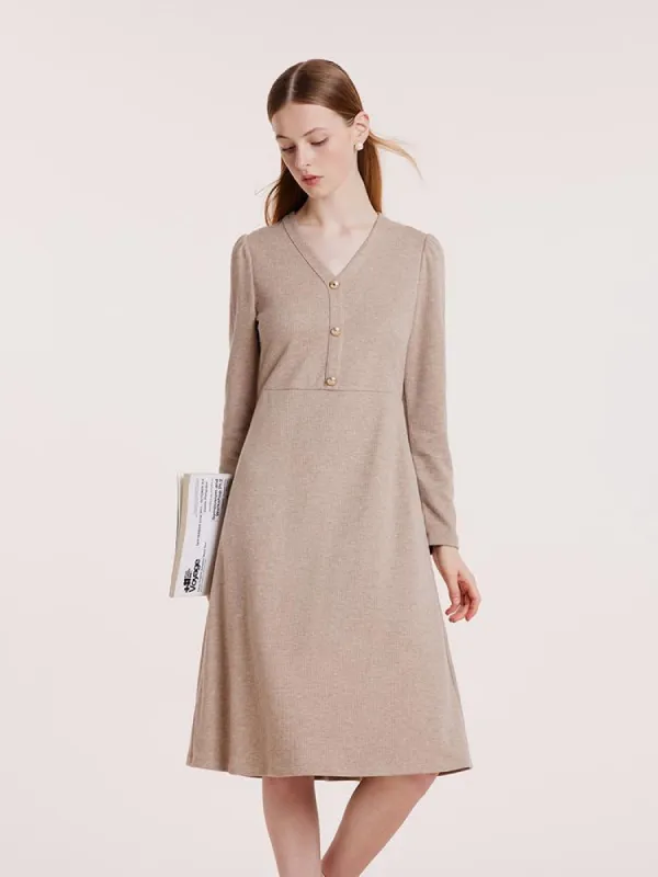 Beige Knit V-Neck Midi Work Dress sold by Goelia