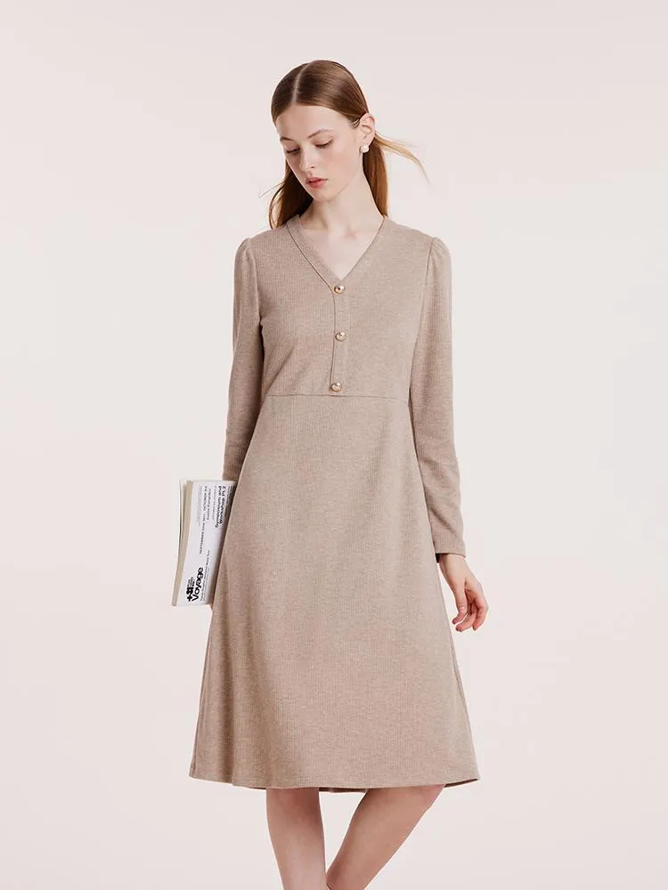Beige Knit V-Neck Midi Work Dress sold by Goelia