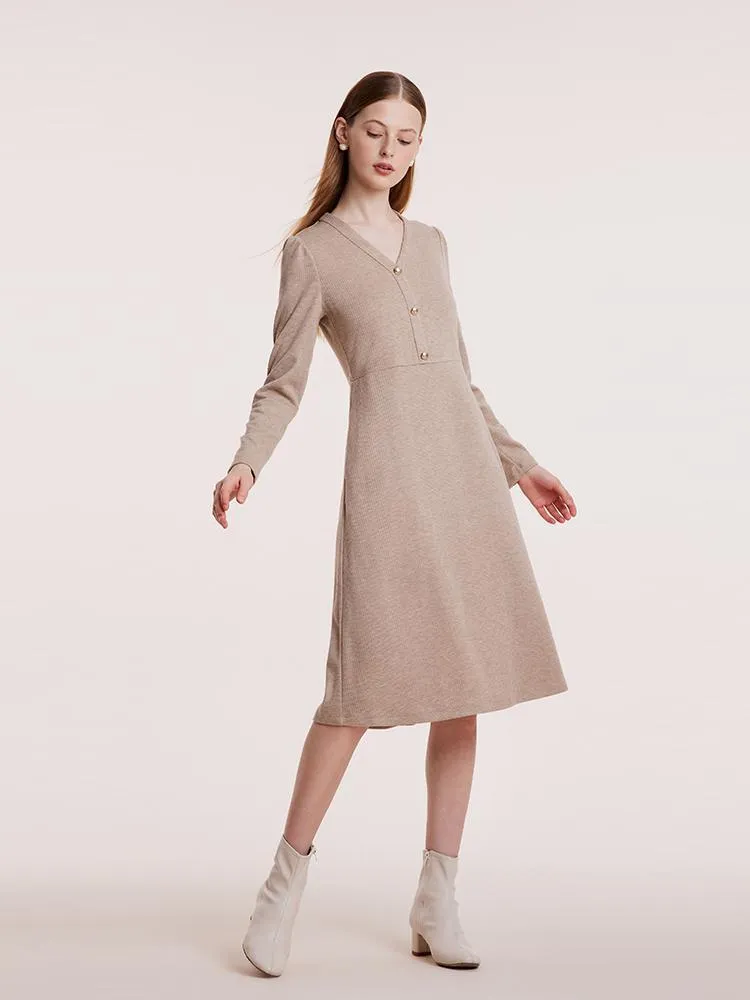Beige Knit V-Neck Midi Work Dress sold by Goelia product image thumbnail 2