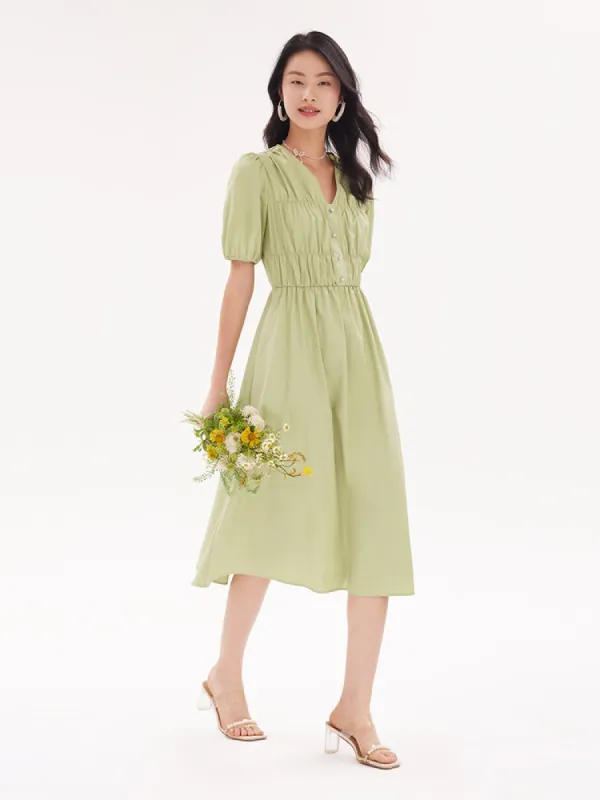 V-Neck Cotton Gathered Waist Midi Dress sold by Goelia