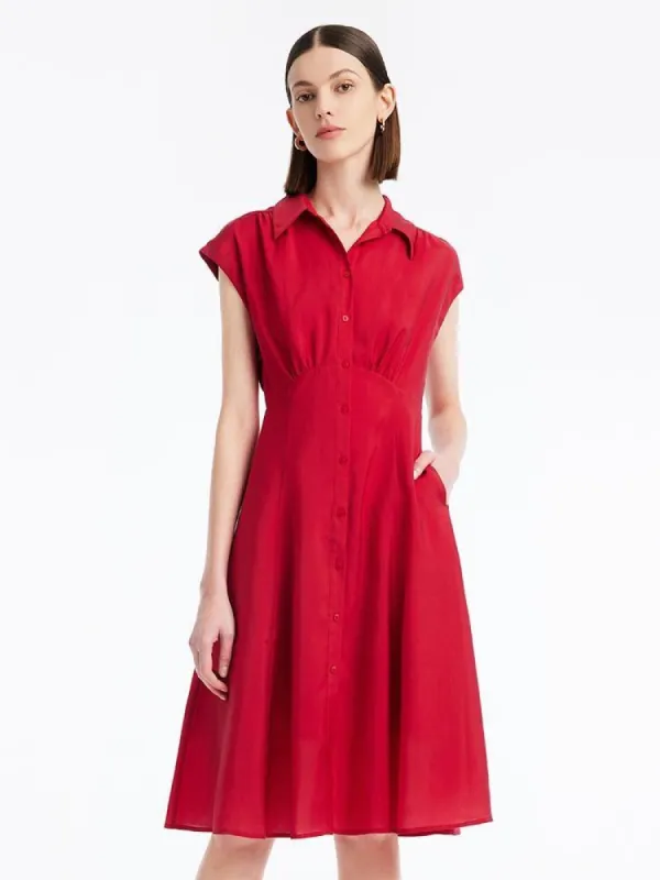 Red Tencel Shirt-style Midi Collared Dress sold by Goelia