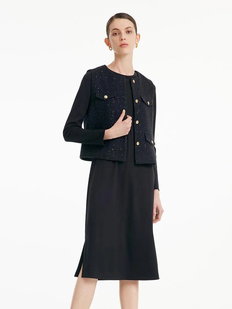 Tweed Vest And Side Slit Dress Two-Piece Set sold by Goelia