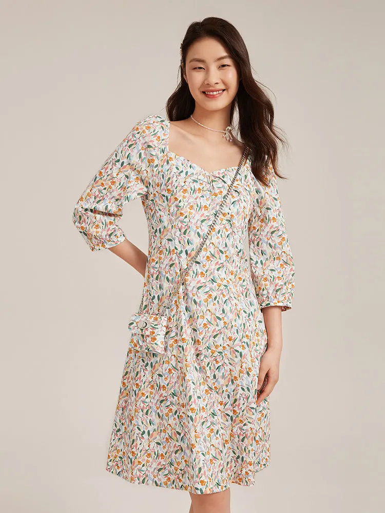 Floral Square Neck Mini Dress With Chain Pouch sold by Goelia