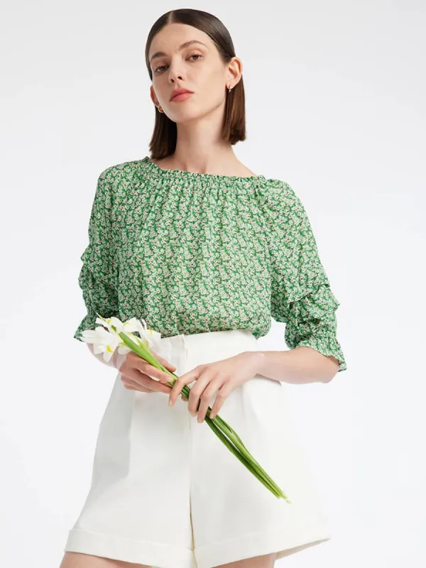 Green Floral Women Blouse And Shorts Two-Piece Set sold by Goelia