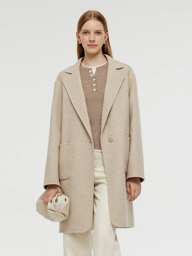 Wool Cashmere Herringbone Women Mid-Length Coat sold by Goelia