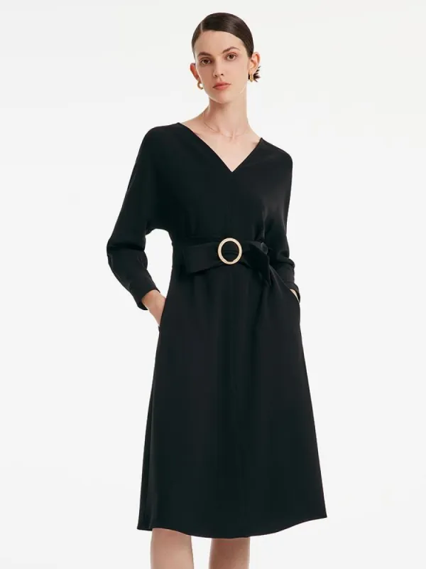 Acetate V-neck Long-sleeved Midi Dress With Belt sold by Goelia