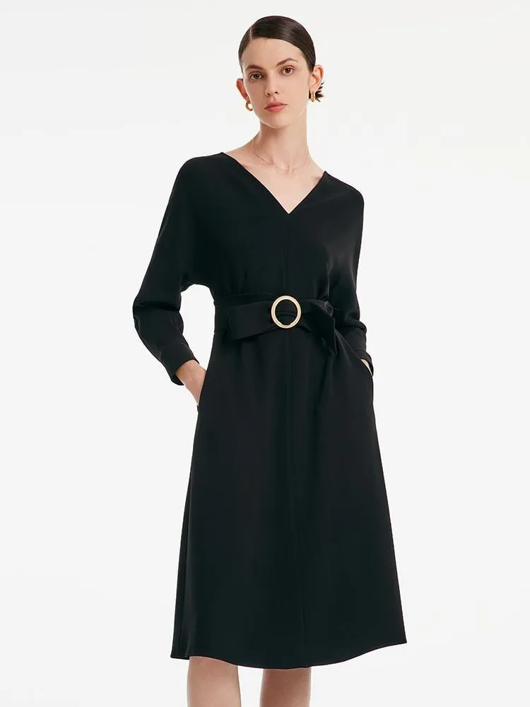 Acetate V-neck Long-sleeved Midi Dress With Belt sold by Goelia