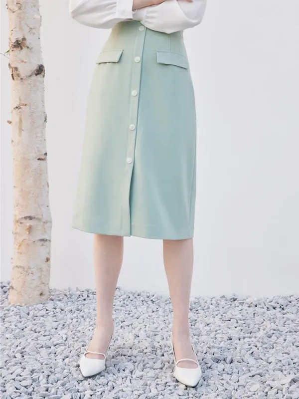 Mint Green Single-Breasted Slit Skirt sold by Goelia