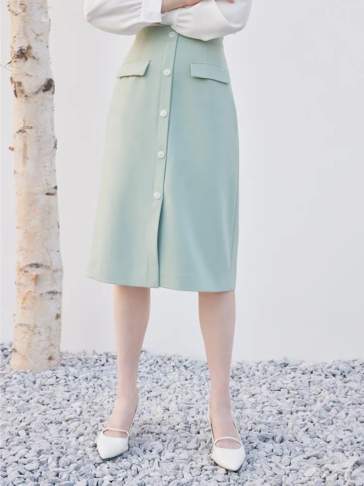 Mint Green Single-Breasted Slit Skirt sold by Goelia