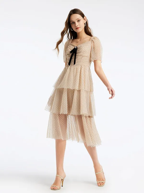 Polka Dot Mesh Square Neck Midi Dress sold by Goelia