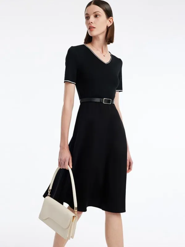 Gathered Waist Acetate Midi Black Dress With Leather Belt sold by Goelia