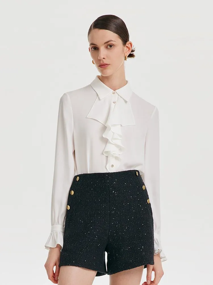 Acetate Ruffle Stand Collar Women Shirt sold by Goelia