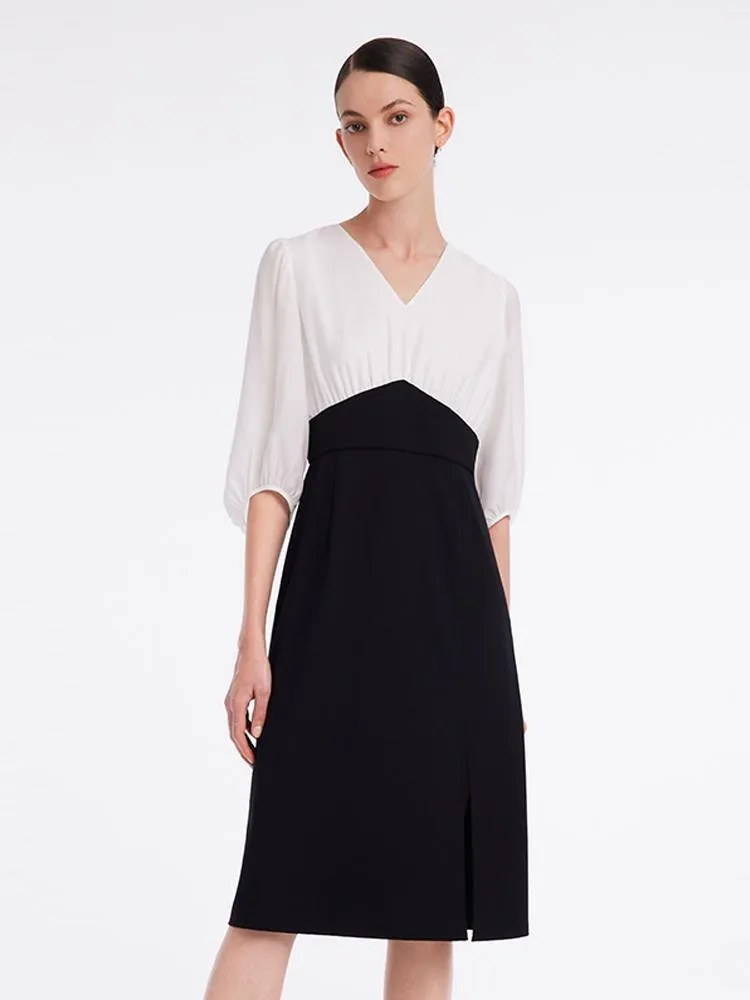 Acetate V-Neck Patchwork Women Midi Dress sold by Goelia