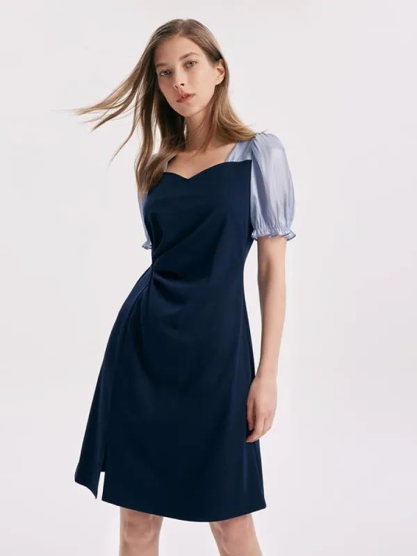 Patchwork Sleeve Asymmetric Pleated Mini Dress sold by Goelia