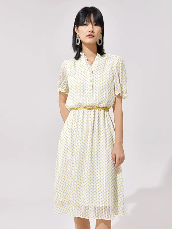 Short Sleeve Gathered Waist Polka Dots Midi Dress sold by Goelia