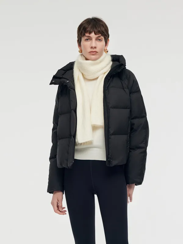 Black Hooded Goose Down Jacket sold by Goelia
