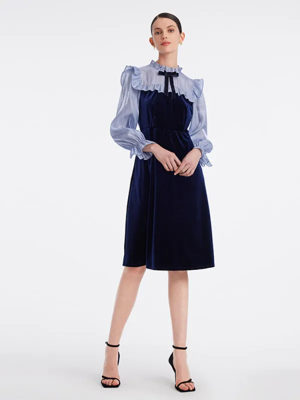 Ruffle Collar Velvet Patchwork Midi Collared Dress sold by Goelia