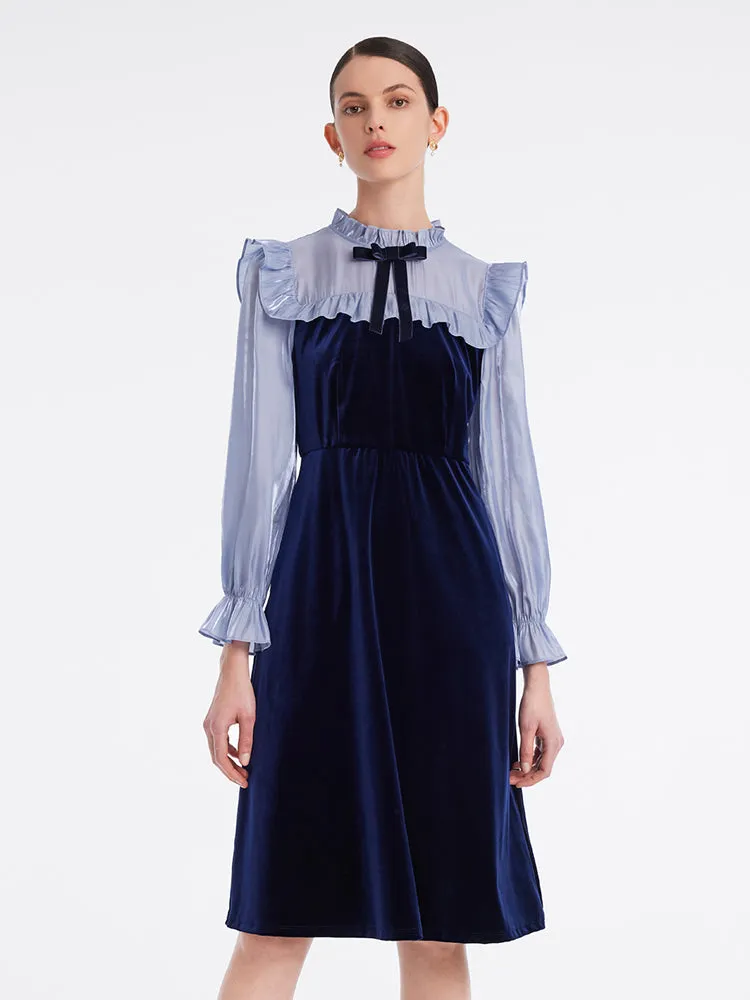 Ruffle Collar Velvet Patchwork Midi Collared Dress sold by Goelia product image thumbnail 2