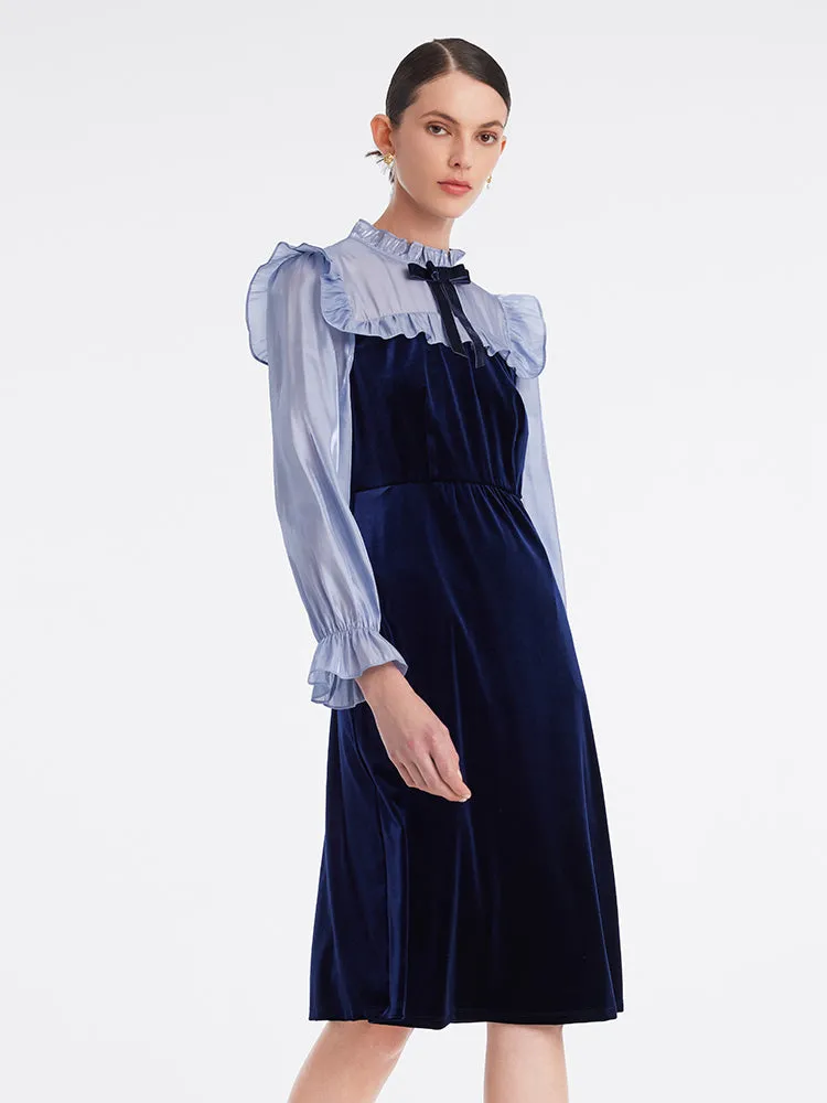 Ruffle Collar Velvet Patchwork Midi Collared Dress sold by Goelia product image thumbnail 3