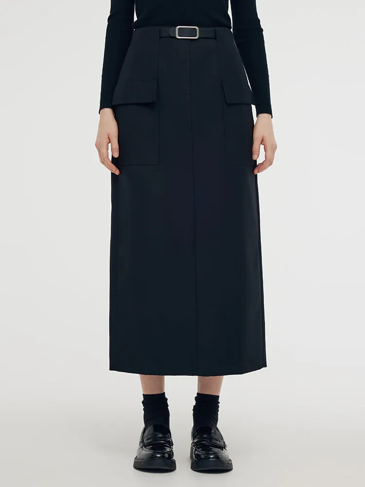 Back Slit Women Column Midi Skirt With Belt sold by Goelia