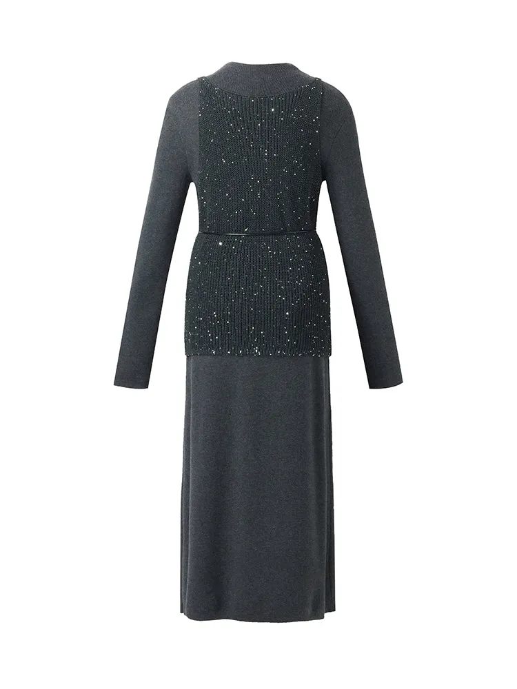 Sequins Vest And Mock Neck Midi Dress Two-Piece Set With Belt sold by Goelia product image thumbnail 3