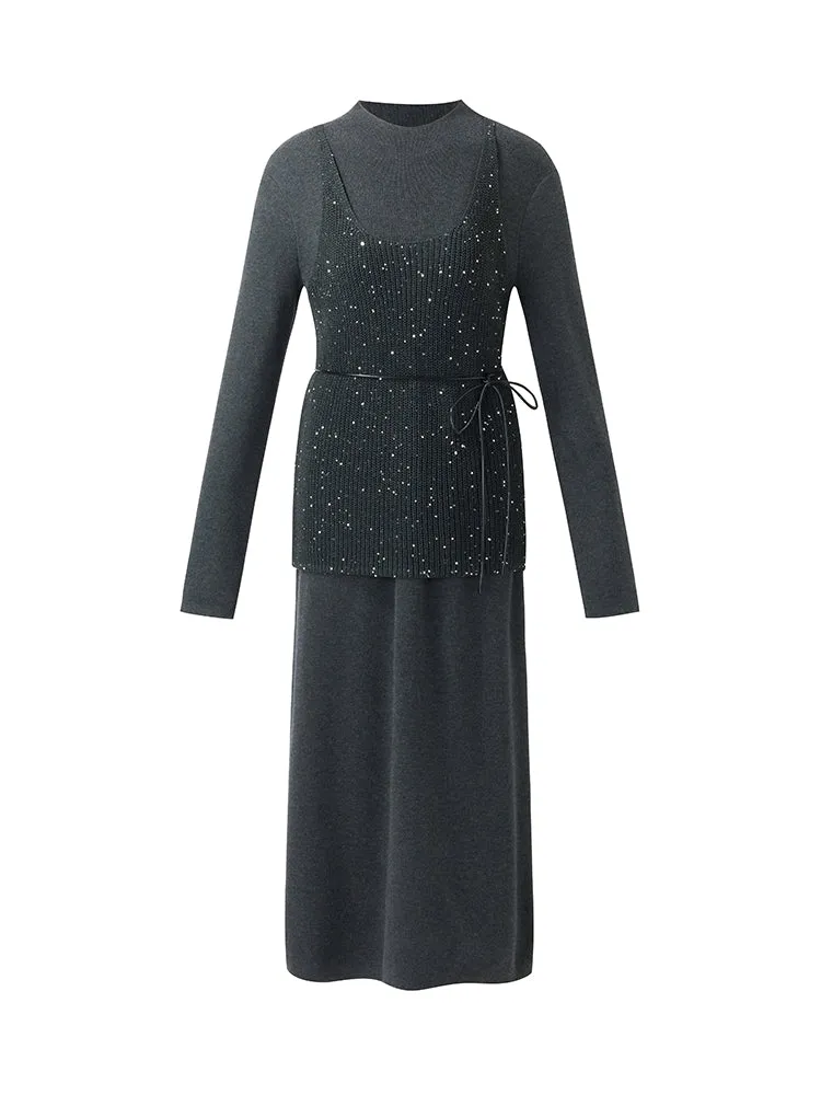 Sequins Vest And Mock Neck Midi Dress Two-Piece Set With Belt sold by Goelia product image thumbnail 2