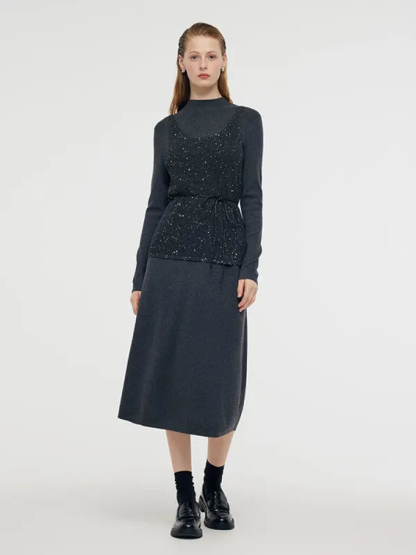 Sequins Vest And Mock Neck Midi Dress Two-Piece Set With Belt sold by Goelia