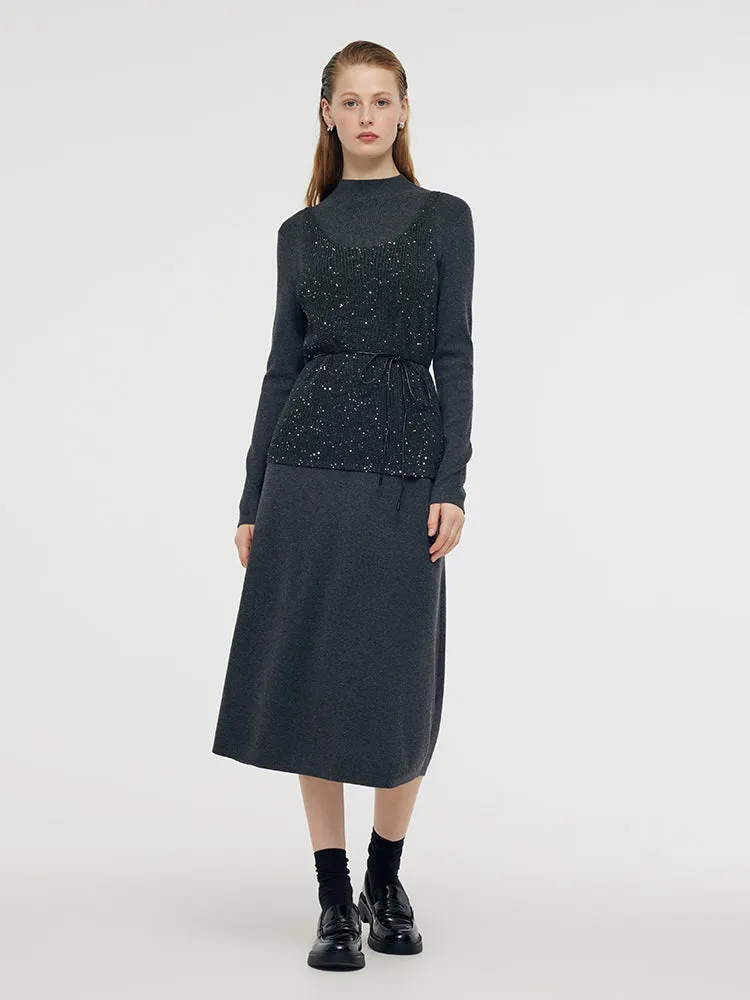 Sequins Vest And Mock Neck Midi Dress Two-Piece Set With Belt sold by Goelia
