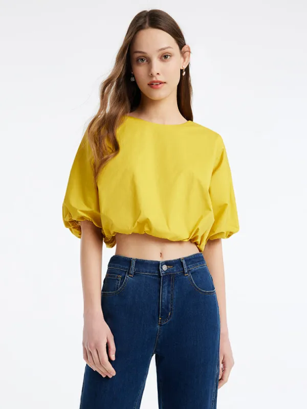 Yellow Crop Round Neck Blouse sold by Goelia