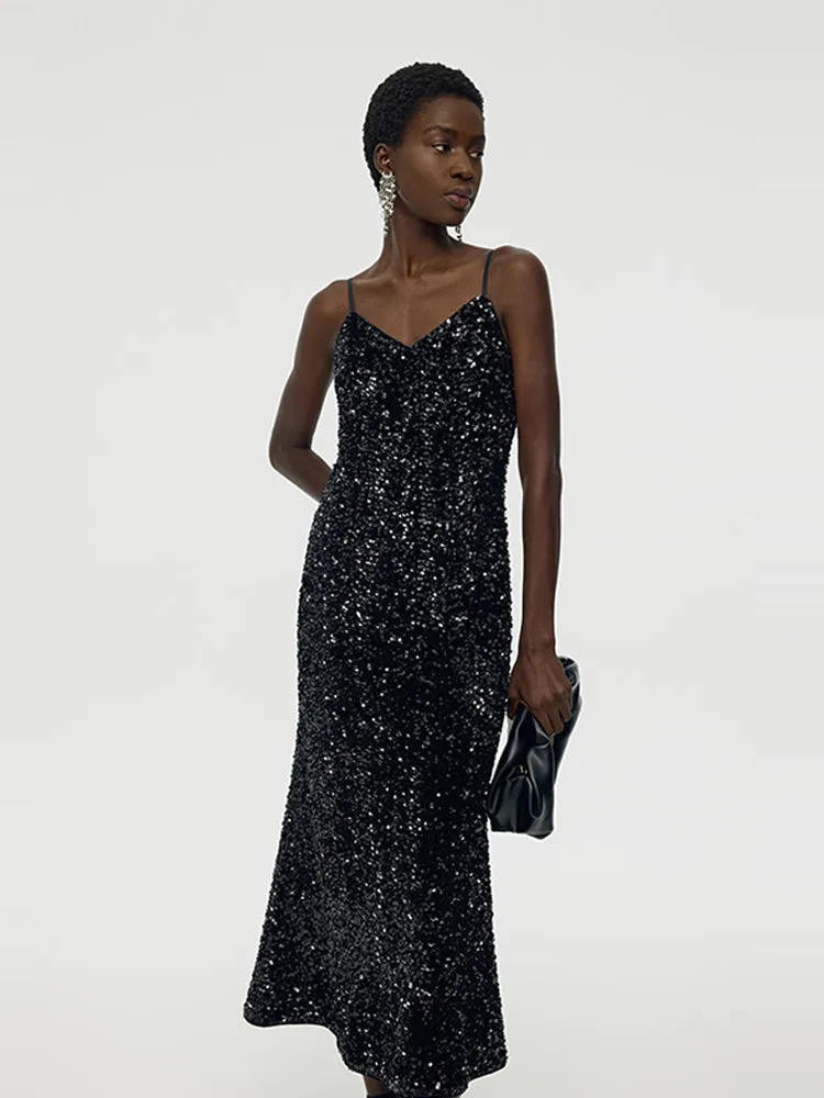 Velvet Sequins Women Strap Midi Dress sold by Goelia