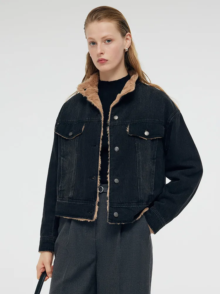 Denim Stand Collar Women Jacket sold by Goelia