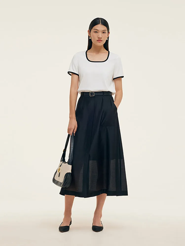 Contrast Trim Knit Top And Skirt Two-Piece Set With Belt sold by Goelia