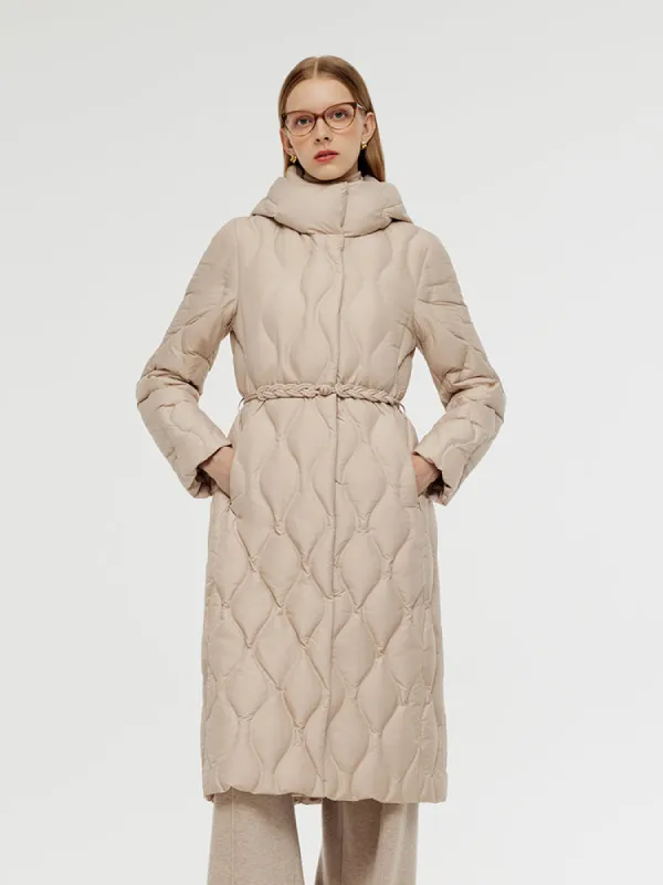 Gathered Waist Long Goose Down Coat With Belt sold by Goelia