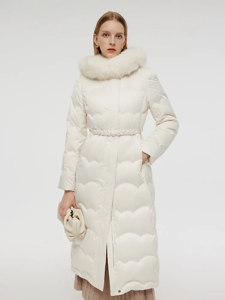 Belted Long Goose Down Coat With Detachable Faux Fur Hood sold by Goelia