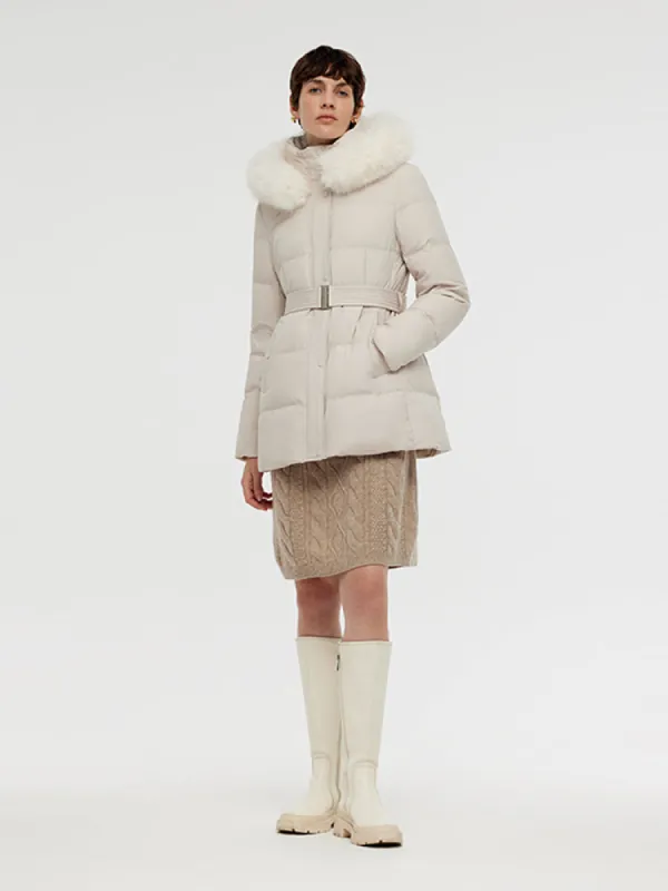Hooded Gathered Waist Goose Down Coat With Belt sold by Goelia