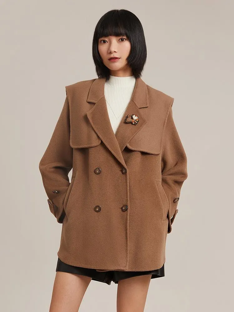 Tencel Woolen Double-Faced Coat With Detachable Shawl And Brooch sold by Goelia