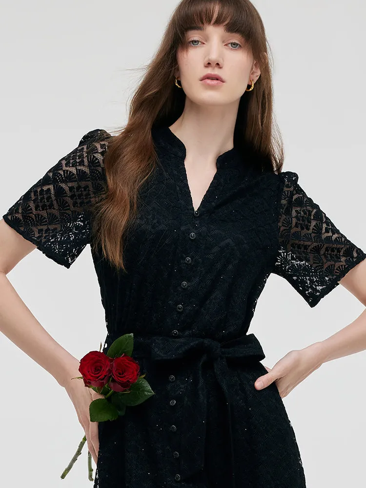 Lace Gathered Waist Women Mini Dress With Belt sold by Goelia product image thumbnail 2