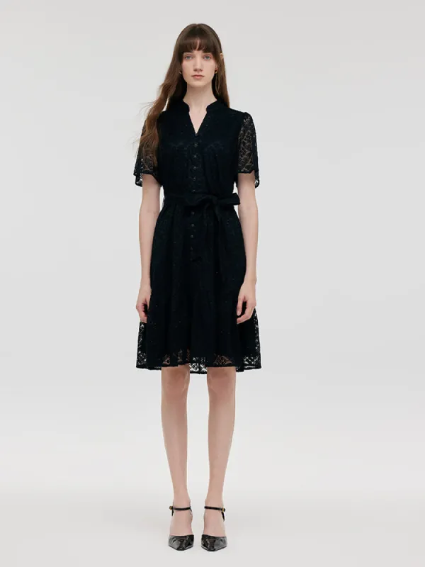 Lace Gathered Waist Women Mini Dress With Belt sold by Goelia